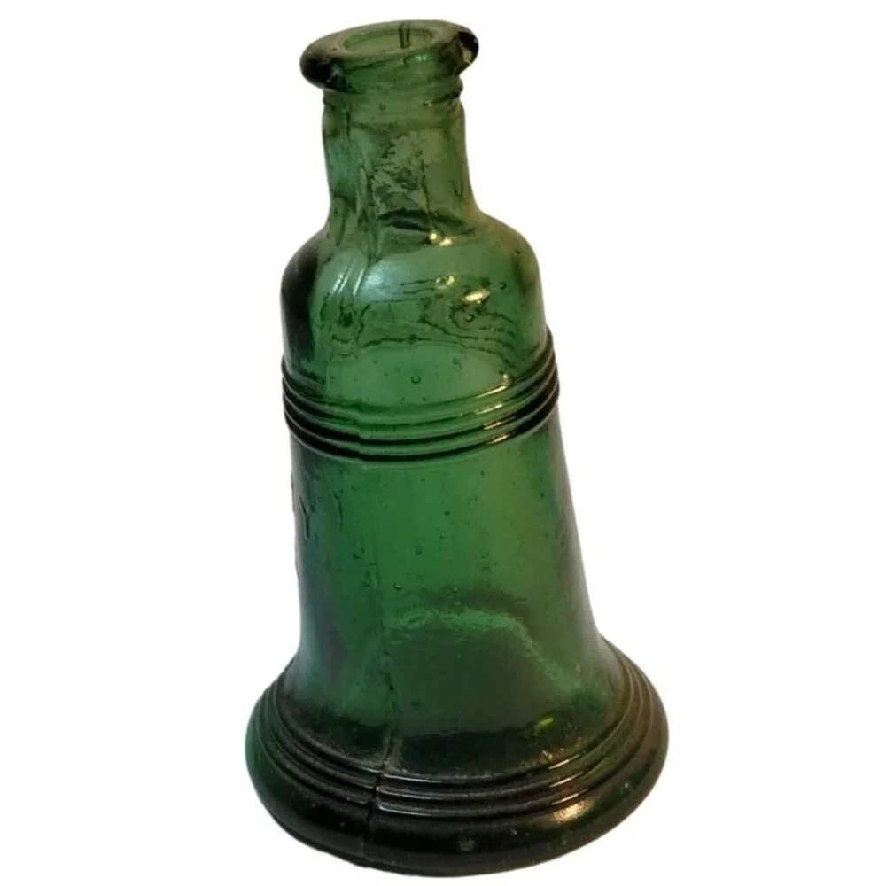 Green Glass Liberty Bell Bottle Miniature 3 Inch